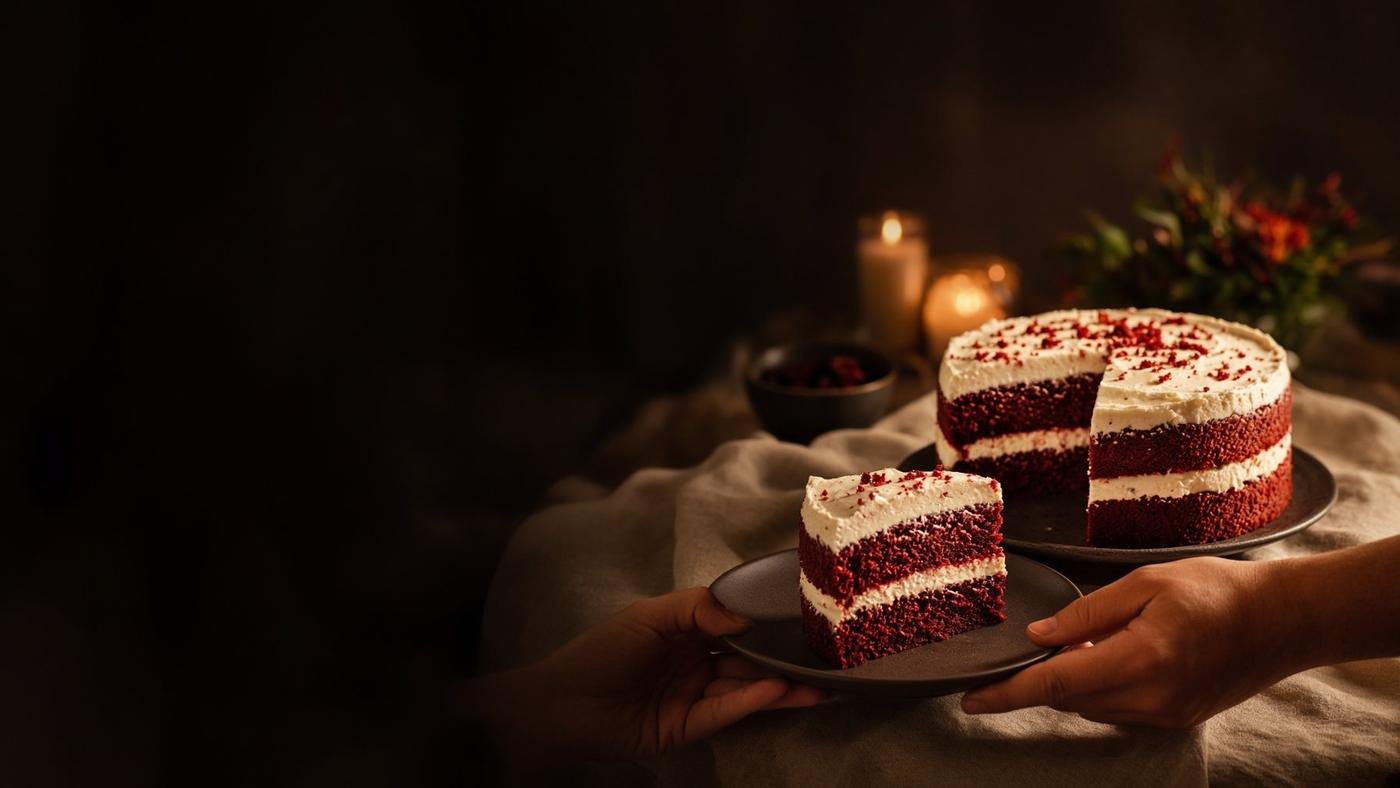Red velvet cake being shared