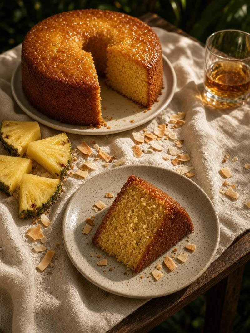 A sliced golden rum cake on a plate with pineapple, coconut, and a glass of rum